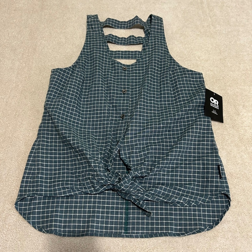 Outdoor Research Ironhorse Tank Womens M Treeline Plaid Hemp Cotton Tie Front